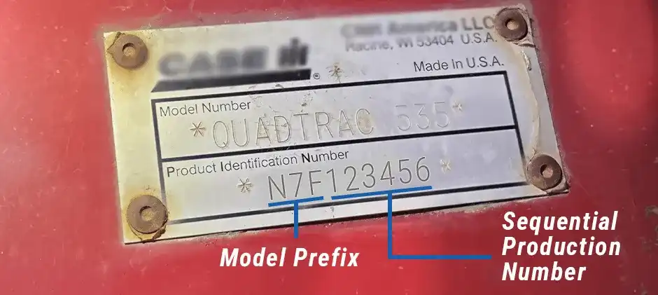 A close-up of a CASE machine's identification plate, showing how the 10-digit Product Identification Number (PIN) is broken down into a model prefix and a sequential production number.
