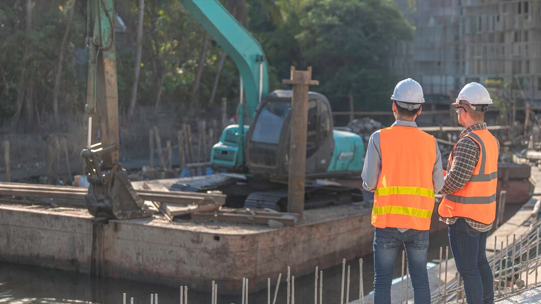 construction-engineer-working-together-looking-at-excavator