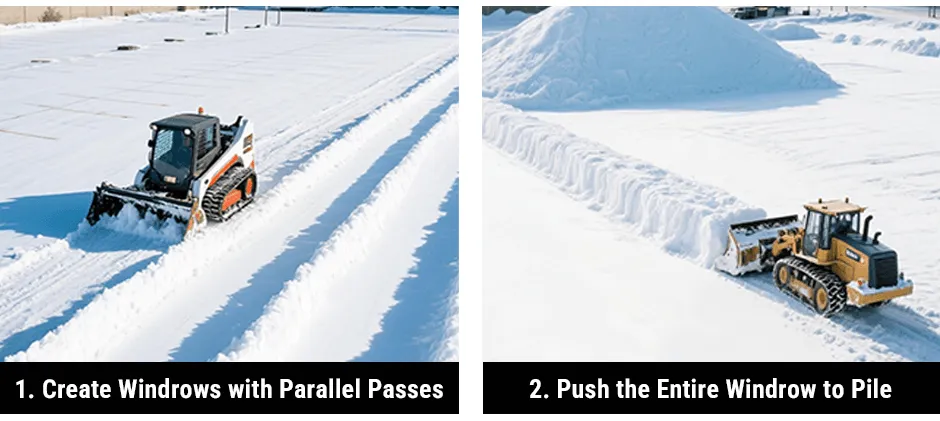 A two-step diagram illustrating the windrowing technique: first, a skid steer creates parallel rows of snow in a large lot, and second, a larger machine pushes the entire row to a pile.