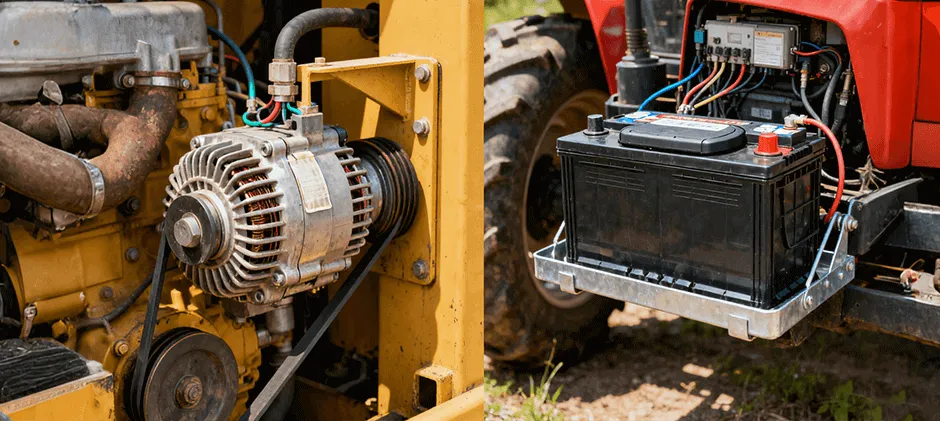 A split-screen image showing a detailed close-up of an alternator mounted in an engine bay on the left, and a battery mounted on a machine frame on the right.