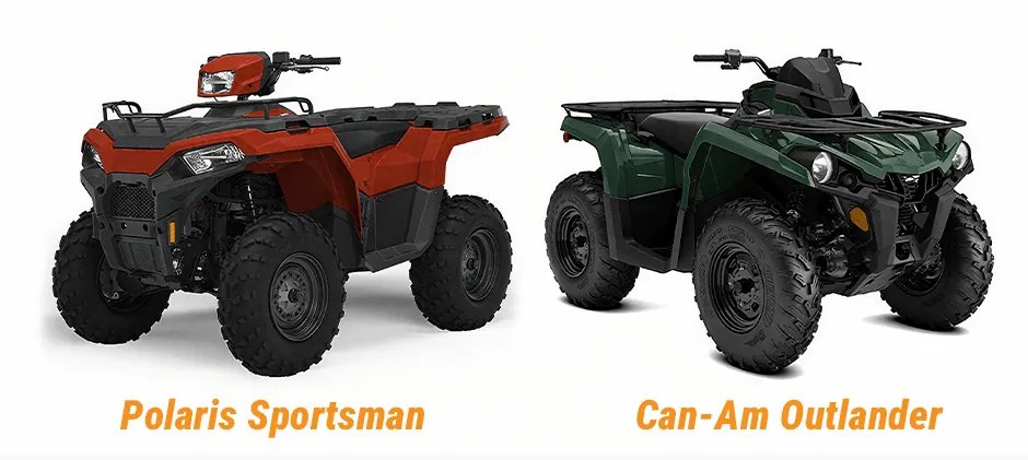 A side-by-side comparison image of a red Polaris Sportsman ATV and a green Can-Am Outlander ATV on a white background.
