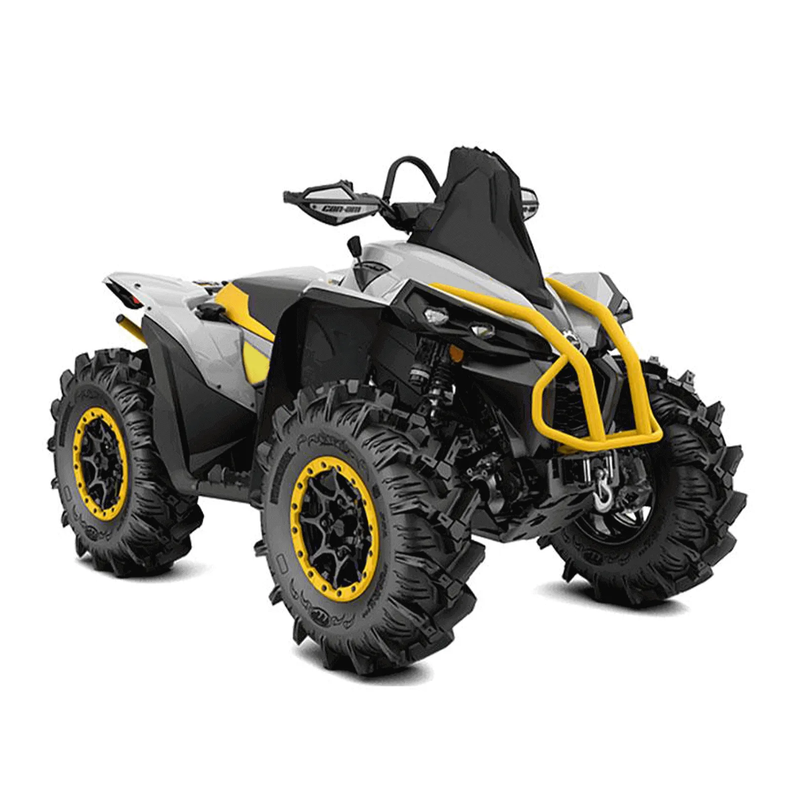 A studio shot of a Can-Am Renegade X MR sport ATV with large mud tires and a yellow front bumper.