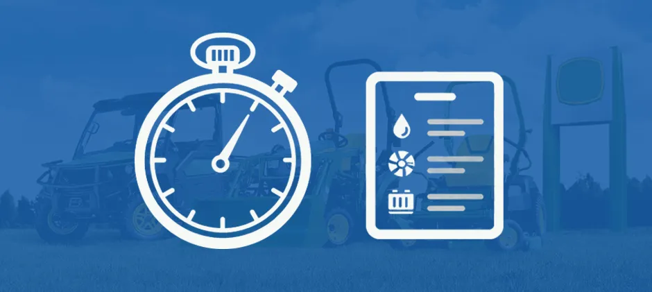 An illustration of a stopwatch and a maintenance checklist, symbolizing a quick inspection of John Deere equipment to prevent downtime.