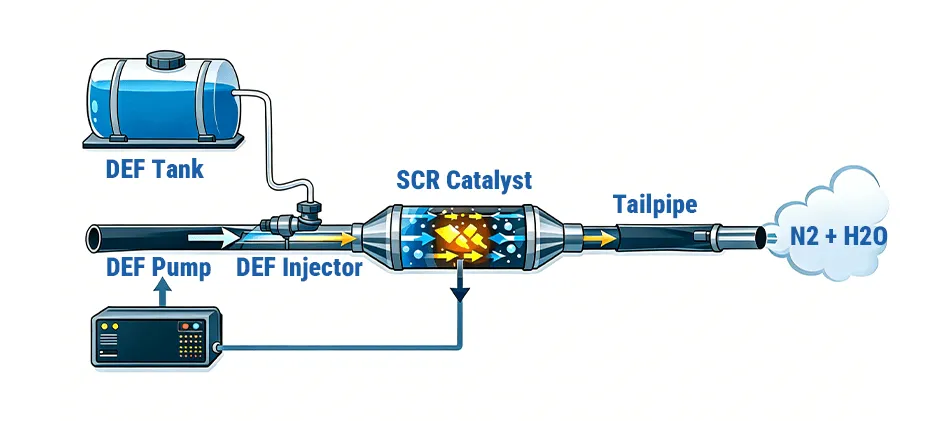 Diagram of a Selective Catalytic Reduction (SCR) system using Diesel Exhaust Fluid (DEF). It shows DEF being injected into the exhaust stream before the SCR catalyst, which converts harmful NOx into harmless nitrogen and water.
