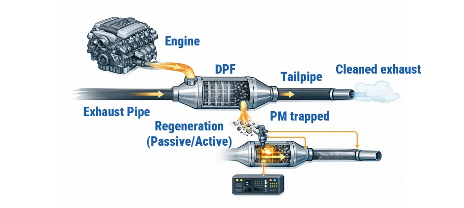 Diagram showing how a Diesel Particulate Filter (DPF) works. It illustrates exhaust from the engine passing through the filter, which traps soot, and the regeneration process that burns the soot away to clean the exhaust.