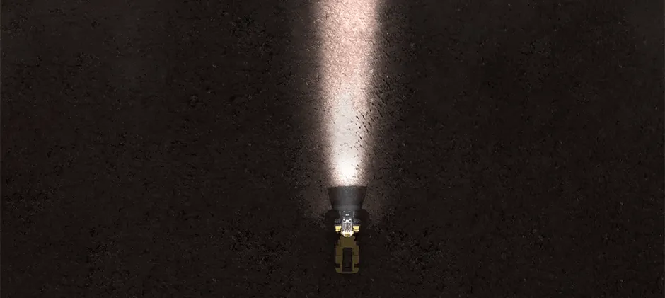 An illustration showing the narrow, long-distance beam of a spot beam pattern from an LED work light.