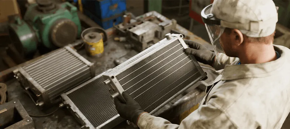 A mechanic wearing safety glasses and gloves carefully inspects a radiator.