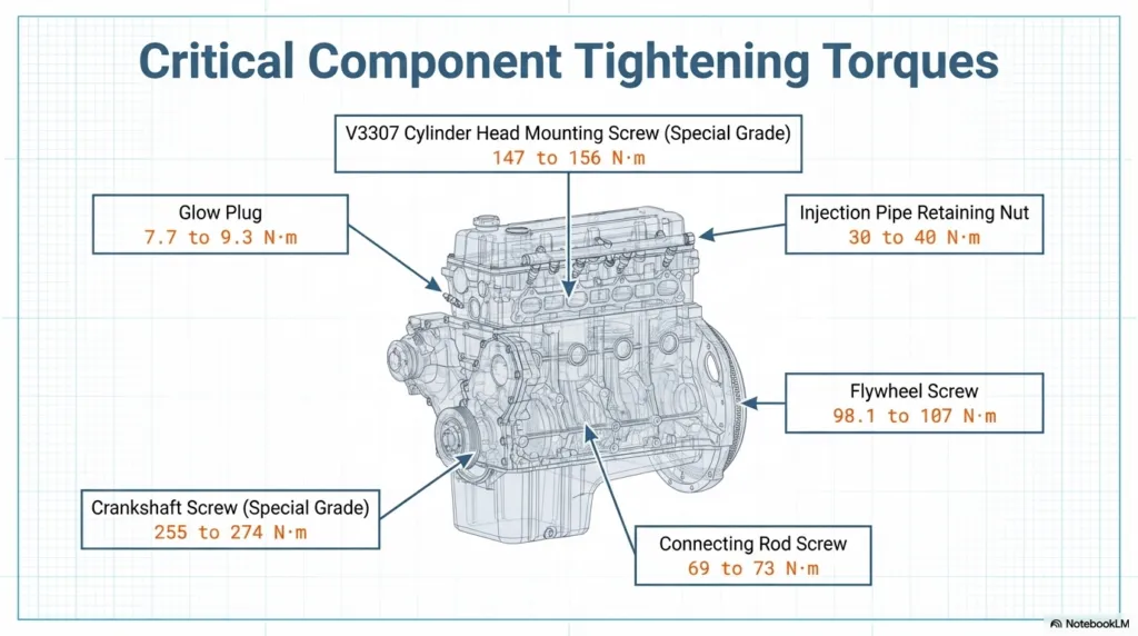 An engine diagram of the Kubota V3307 with callouts indicating the critical tightening torque specifications for key components, including cylinder head screws, connecting rods, and the flywheel.