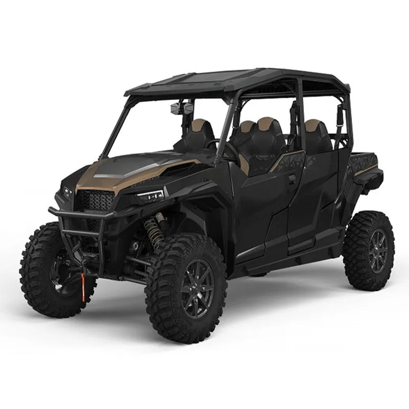 A four-seat recreational UTV, also known as a Side-by-Side (SXS), featuring car-like controls, a steering wheel, and bucket seats for multiple passengers.