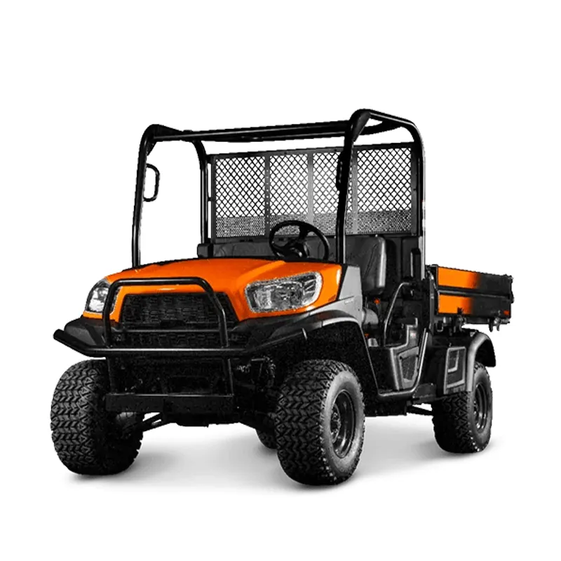 A Kubota RTV, a heavy-duty utility vehicle, showcasing its work-first design with a large steel cargo bed, rugged frame, and side-by-side seating.
