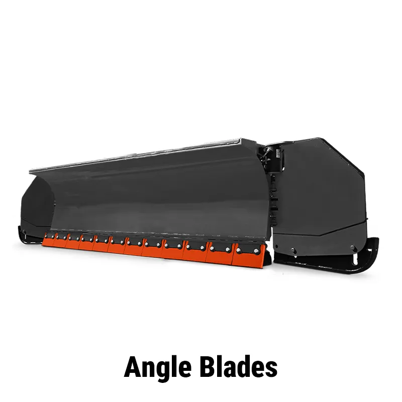 A black hydraulic angle snow blade for a skid steer, shown with a durable orange polyurethane cutting edge.