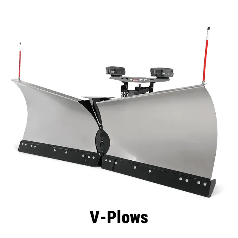A versatile V-plow for a skid steer, shown in a V-formation to break through heavy, compacted snow and drifts.