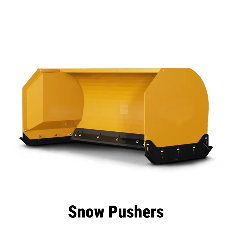 A yellow box-style snow pusher for a skid steer, featuring large side plates designed to contain and move maximum snow volume per pass.