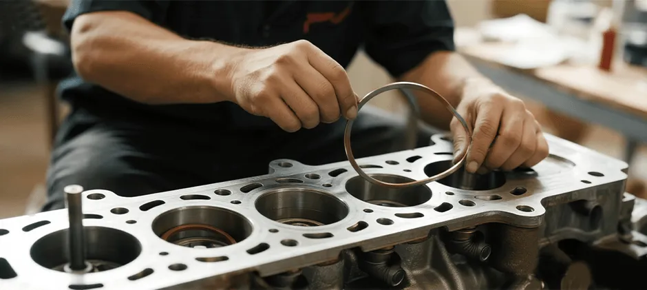 A person is installing the fire rings on the cylinder head of a diesel engine.