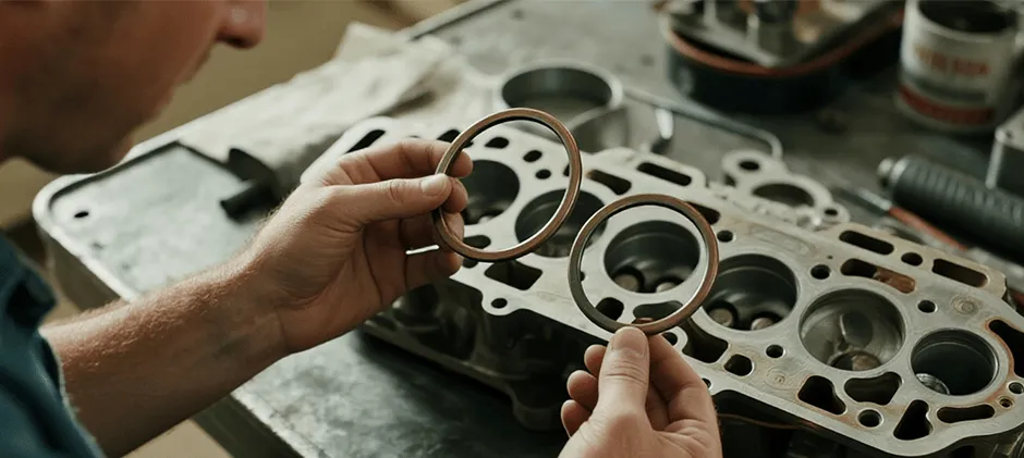 A person is comparing and observing the fire rings of the two engine cylinder heads.